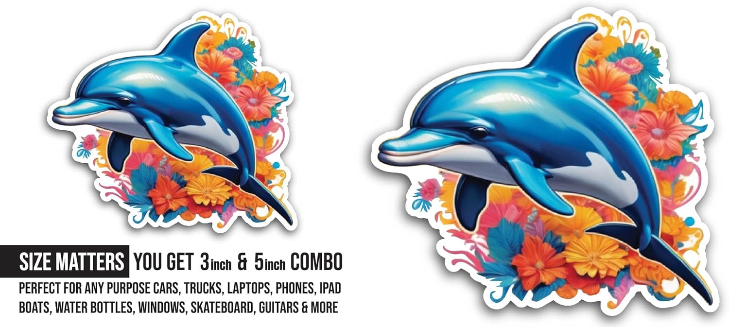 2 (Pieces) 3" and 5" Dolphin with Flowers Sticker, Waterproof Vinyl Decals for Many Purpose Like Cars, Trucks, Laptops, Phones, Windows and More