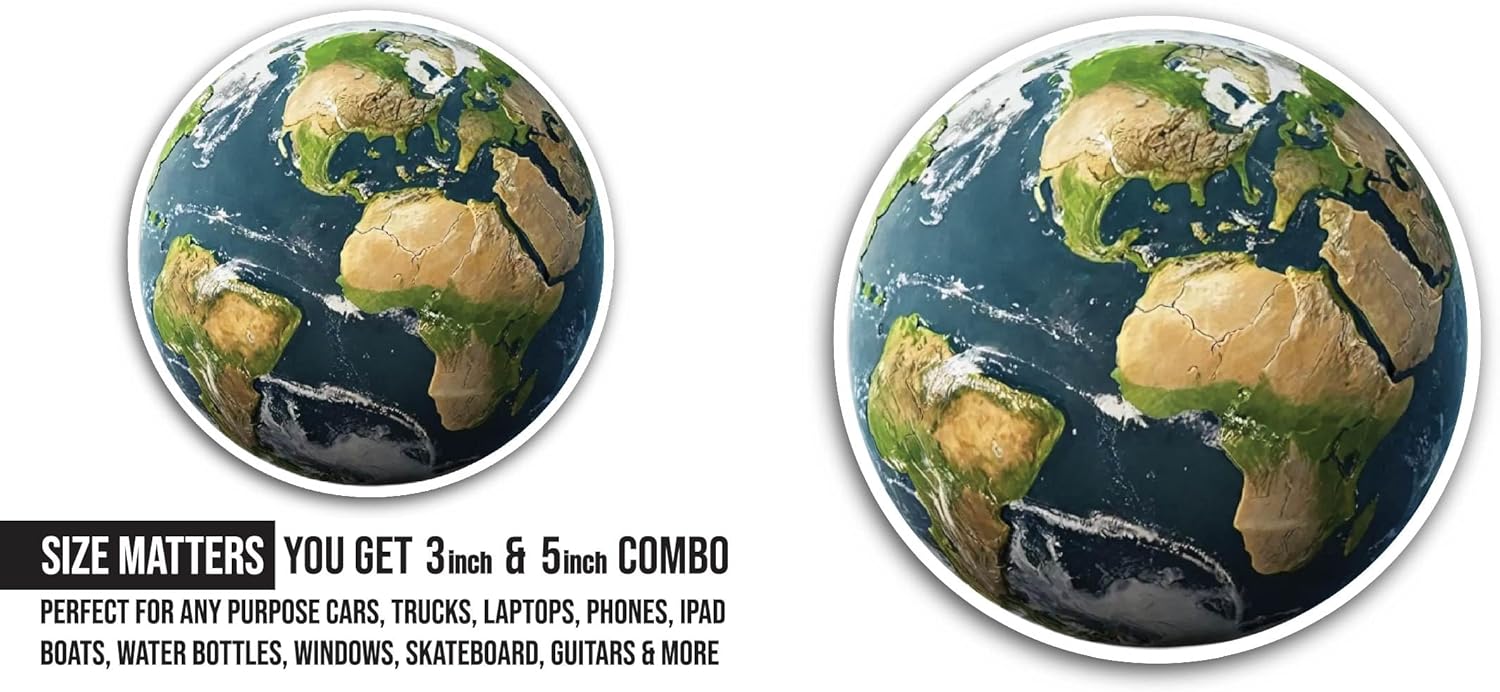 2 (Pieces) 3" and 5" Planet Earth Globe Sticker, Waterproof Vinyl Decals for Many Purpose Like Cars, Trucks, Laptops, Phones, Windows and More
