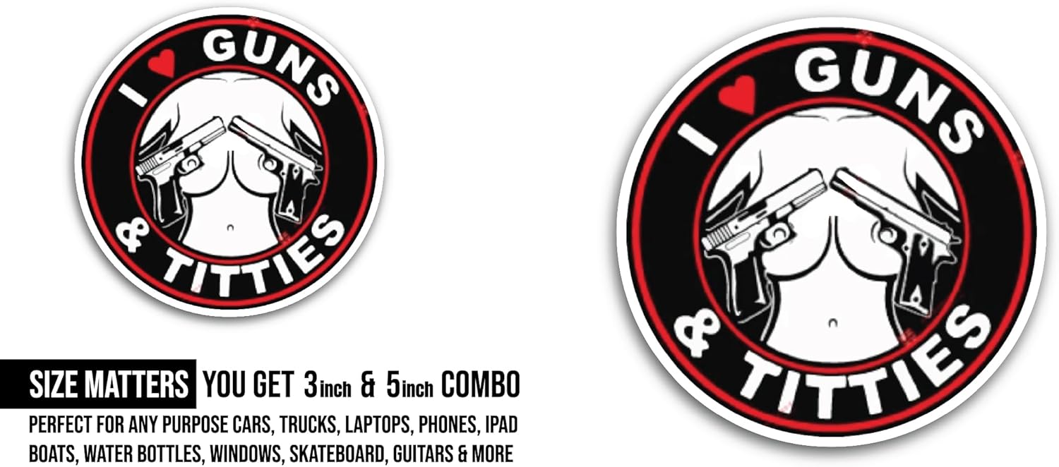 2 (Pieces) 3" and 5" I Love Guns Sticker, Waterproof Vinyl Decals for Many Purpose Like Cars, Trucks, Laptops, Phones, Windows and More
