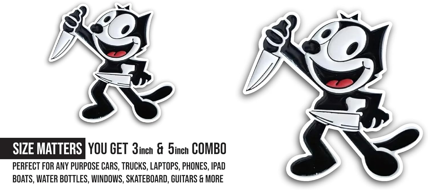 2 (Pieces) 3" and 5" Cat with Knives Sticker, Waterproof Vinyl Decals for Many Purpose Like Cars, Trucks, Laptops, Phones, Windows and More
