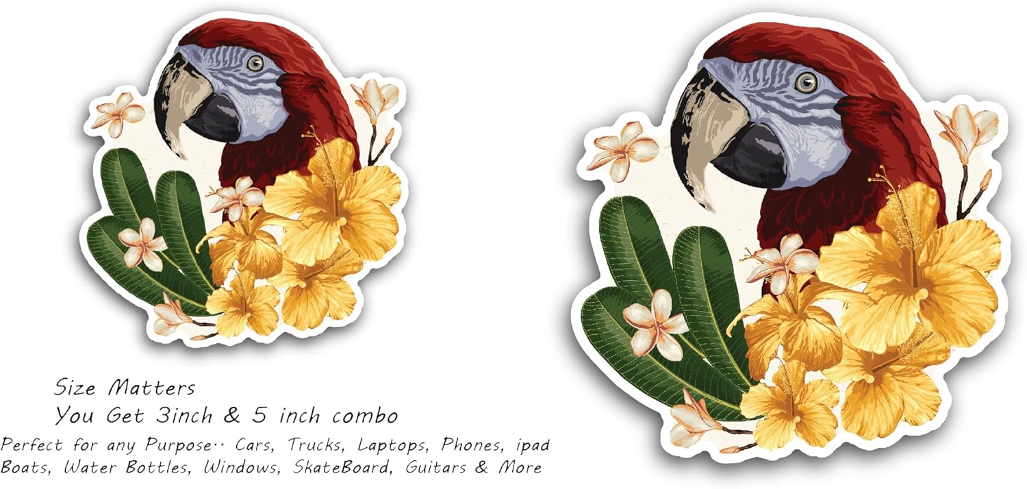 2 (Pieces) 3" and 5" Red Macaw with Flowers Sticker, Waterproof Vinyl Decals for Many Purpose Like Cars, Trucks, Laptops, Phones, Windows and More