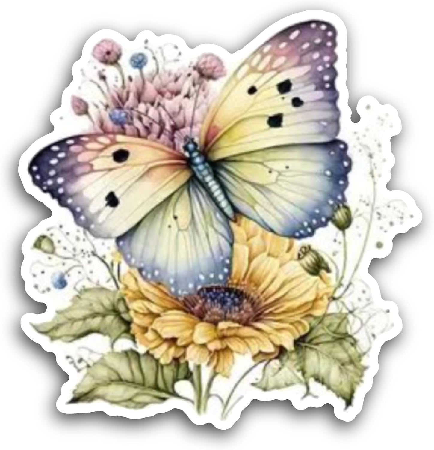 2 (Pieces) 3" and 5" Butterfly On A Sunflower Sticker, Waterproof Vinyl Decals for Many Purpose Like Cars, Trucks, Laptops, Phones, Windows and More