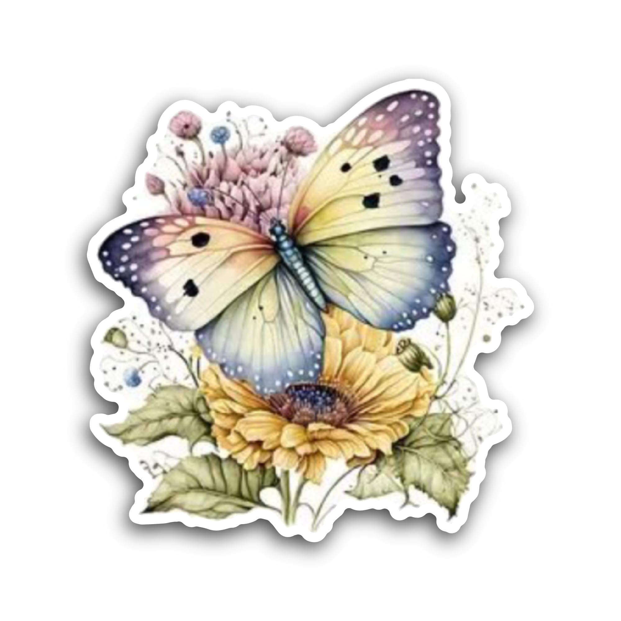 2 (Pieces) 3" and 5" Butterfly On A Sunflower Sticker, Waterproof Vinyl Decals for Many Purpose Like
