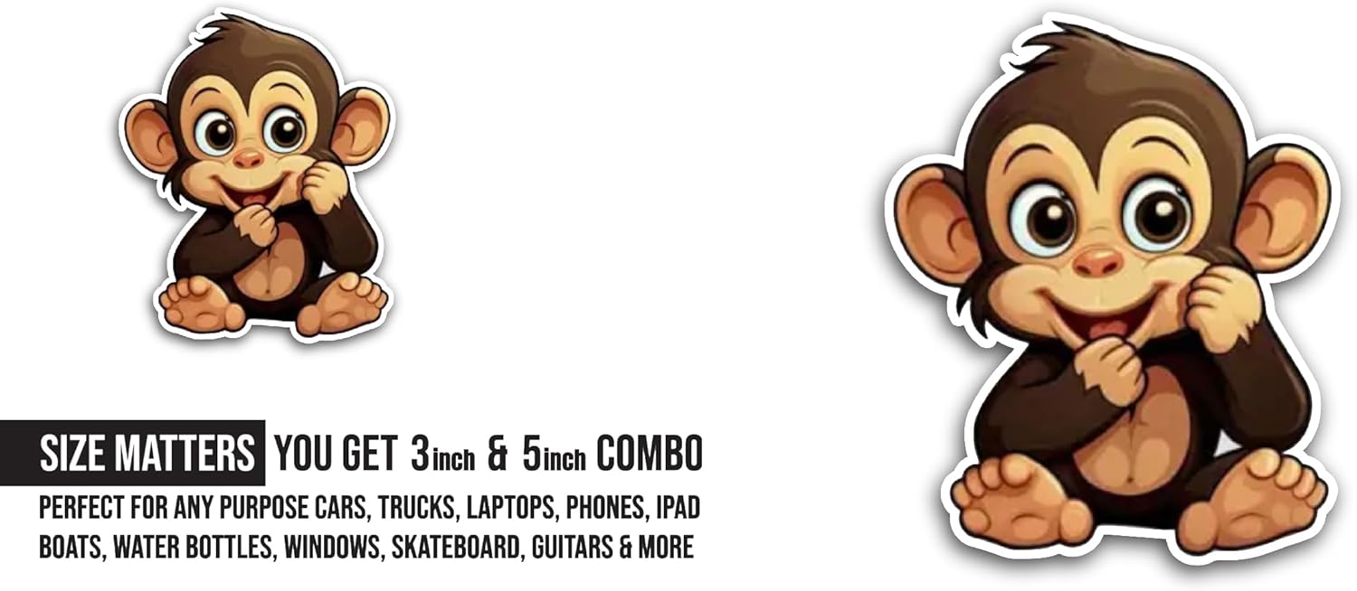 2 (Pieces) 3" and 5" Adorable Cartoon Monkey Sticker, Waterproof Vinyl Decals for Many Purpose Like Cars, Trucks, Laptops, Phones, Windows and More