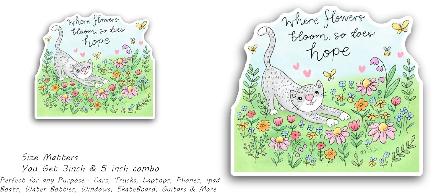 2 (Pieces) 3" and 5" Cat in Flower Garden Sticker, Waterproof Vinyl Decals for Many Purpose Like Cars, Trucks, Laptops, Phones, Windows and More