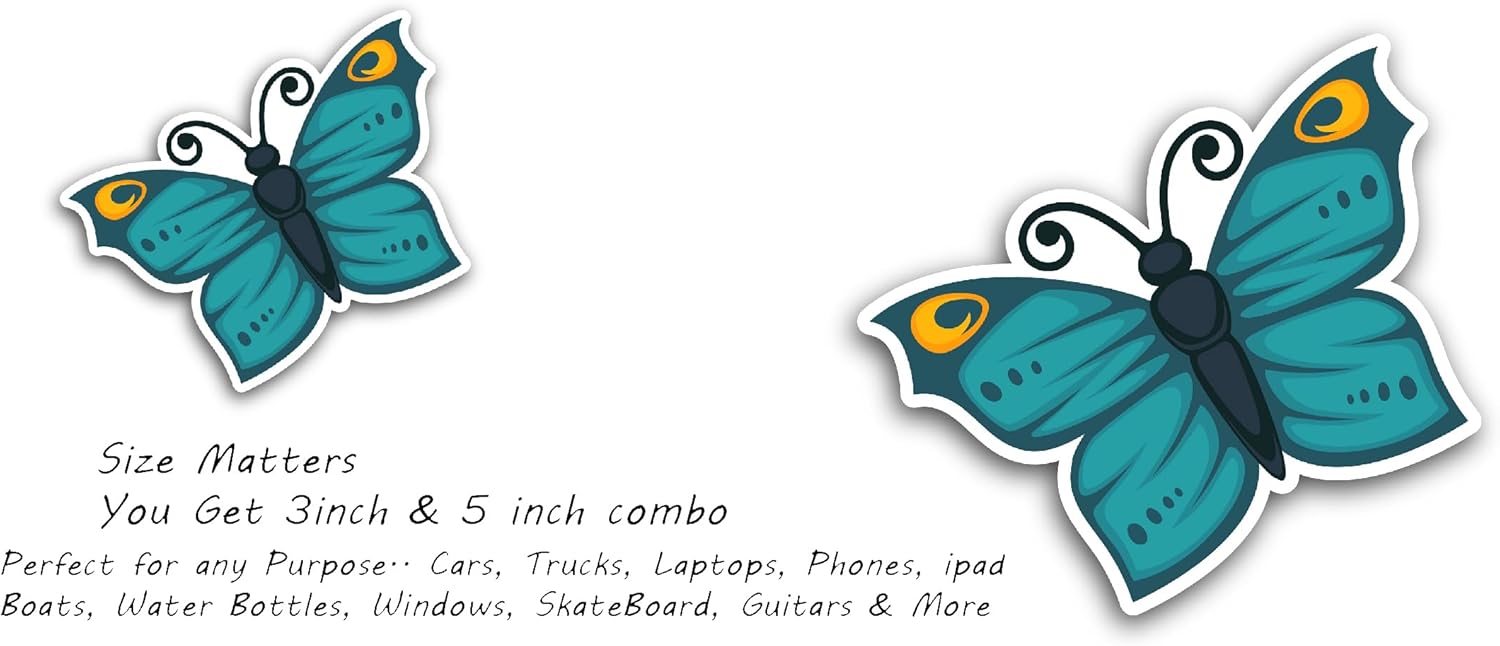 2 (Pieces) 3" and 5" Beautiful Blue Butterfly Sticker, Waterproof Vinyl Decals for Many Purpose Like Cars, Trucks, Laptops, Phones, Windows and More