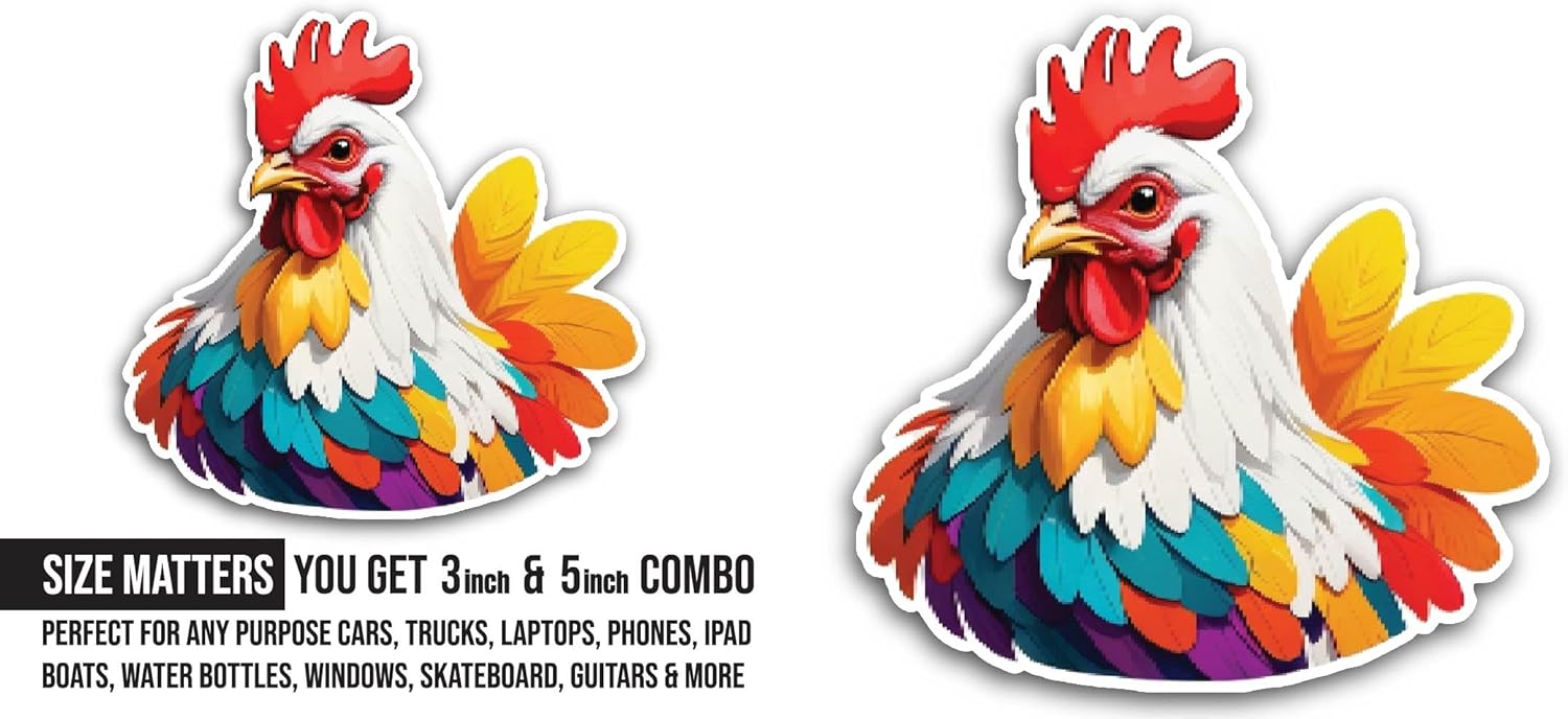 2 (Pieces) 3" and 5" Colorful Cartoon Rooster Sticker, Waterproof Vinyl Decals for Many Purpose Like Cars, Trucks, Laptops, Phones, Windows and More
