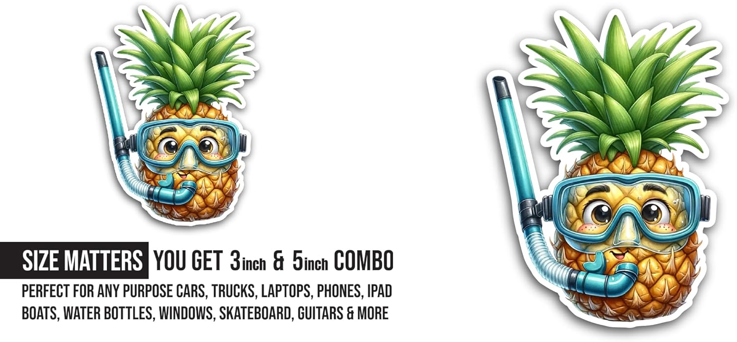 2 (Pieces) 3" and 5" Cartoon Pineapple Sticker, Waterproof Vinyl Decals for Many Purpose Like Cars, Trucks, Laptops, Phones, Windows and More