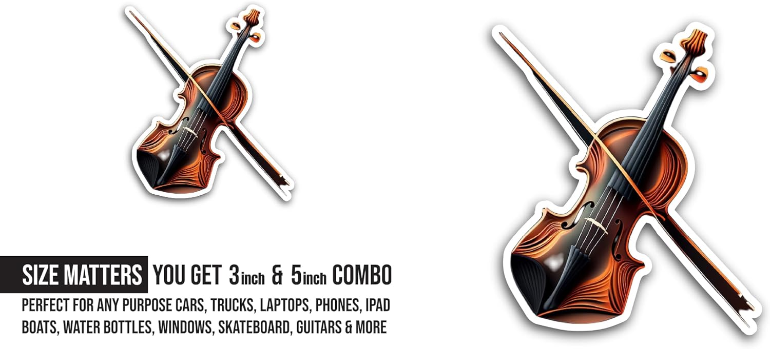 2 (Pieces) 3" and 5" Violin Sticker, Waterproof Vinyl Decals for Many Purpose Like Cars, Trucks, Laptops, Phones, Windows and More