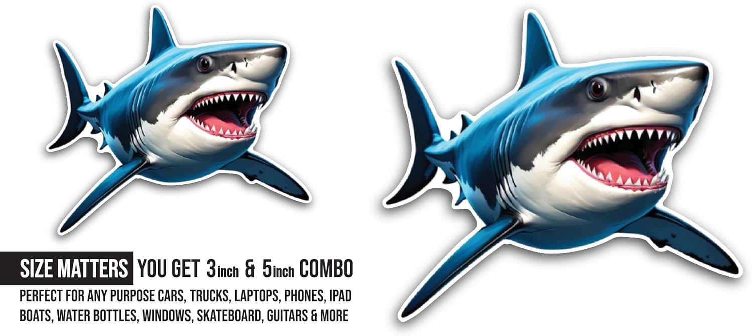 2 (Pieces) 3" and 5" Shark with White Face Sticker, Waterproof Vinyl Decals for Many Purpose Like Cars, Trucks, Laptops, Phones, Windows and More