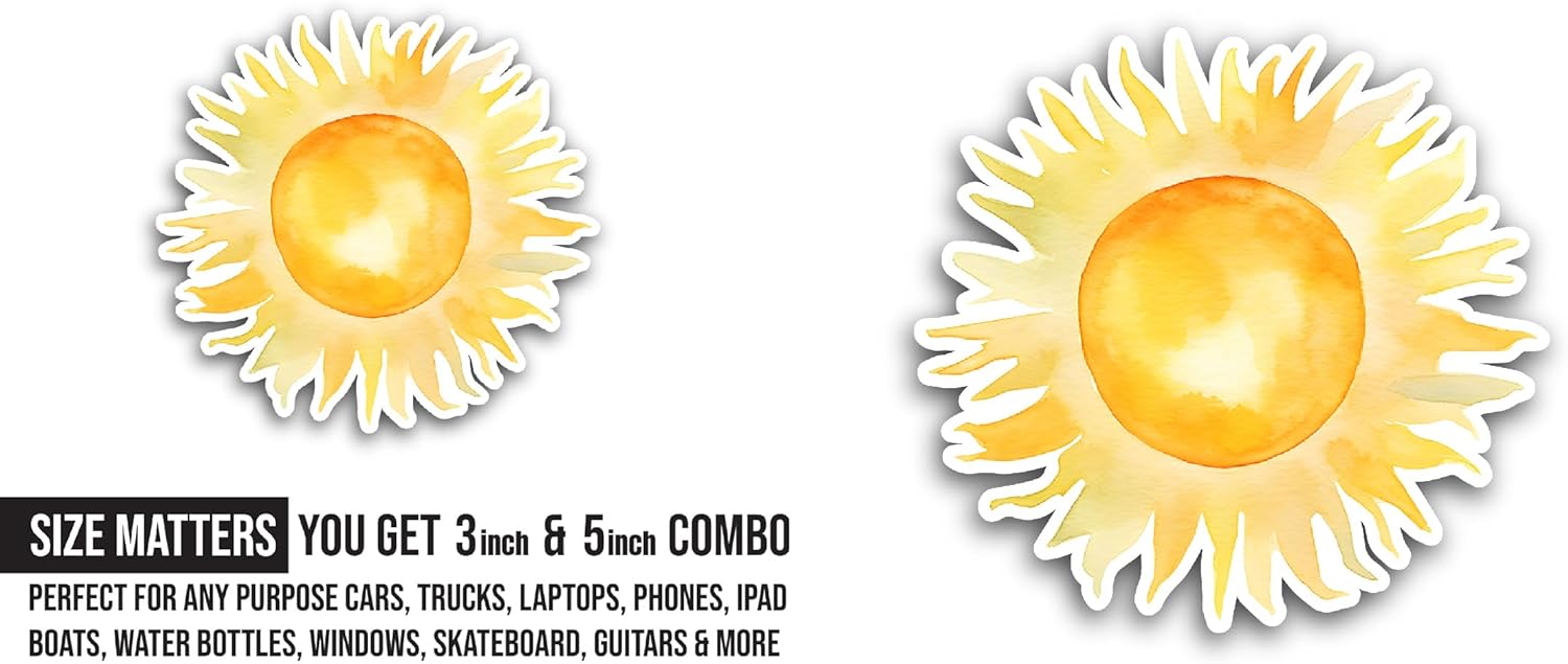 2 (Pieces) 3" and 5" Shining Sun Sticker, Waterproof Vinyl Decals for Many Purpose Like Cars, Trucks, Laptops, Phones, Windows and More