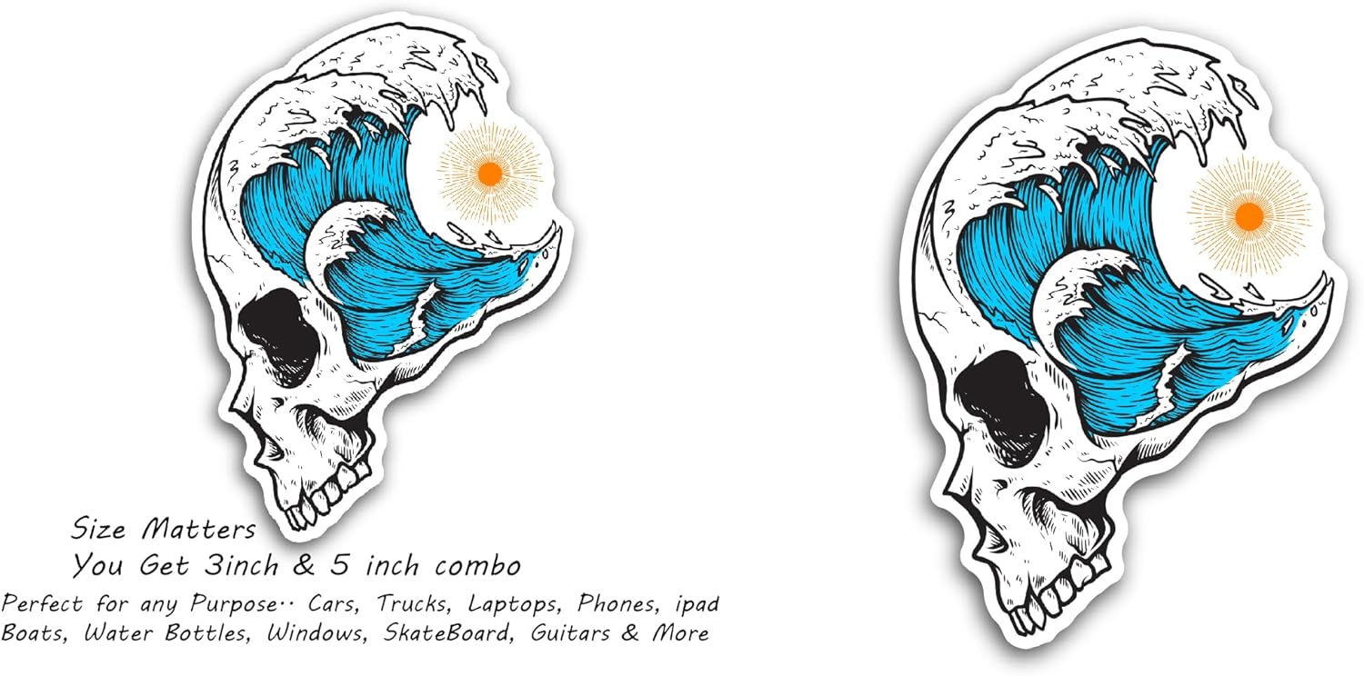 2 (Pieces) 3" and 5" Skull Head with Sea Waves Sticker, Waterproof Vinyl Decals for Many Purpose Like Cars, Trucks, Laptops, Phones, Windows and More