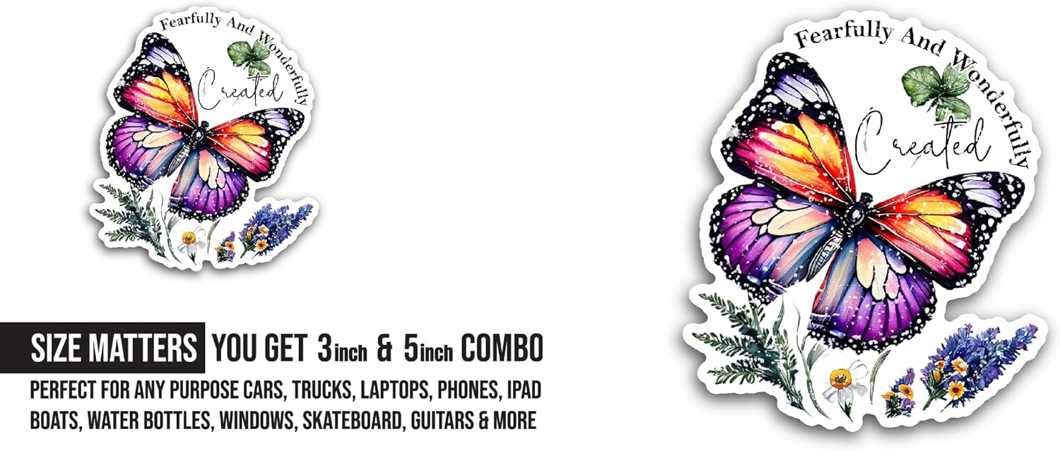 2 (Pieces) 3" and 5" Fearfully and Wonderfully Created Sticker, Waterproof Vinyl Decals for Many Purpose Like Cars, Trucks, Laptops, Phones, Windows and More