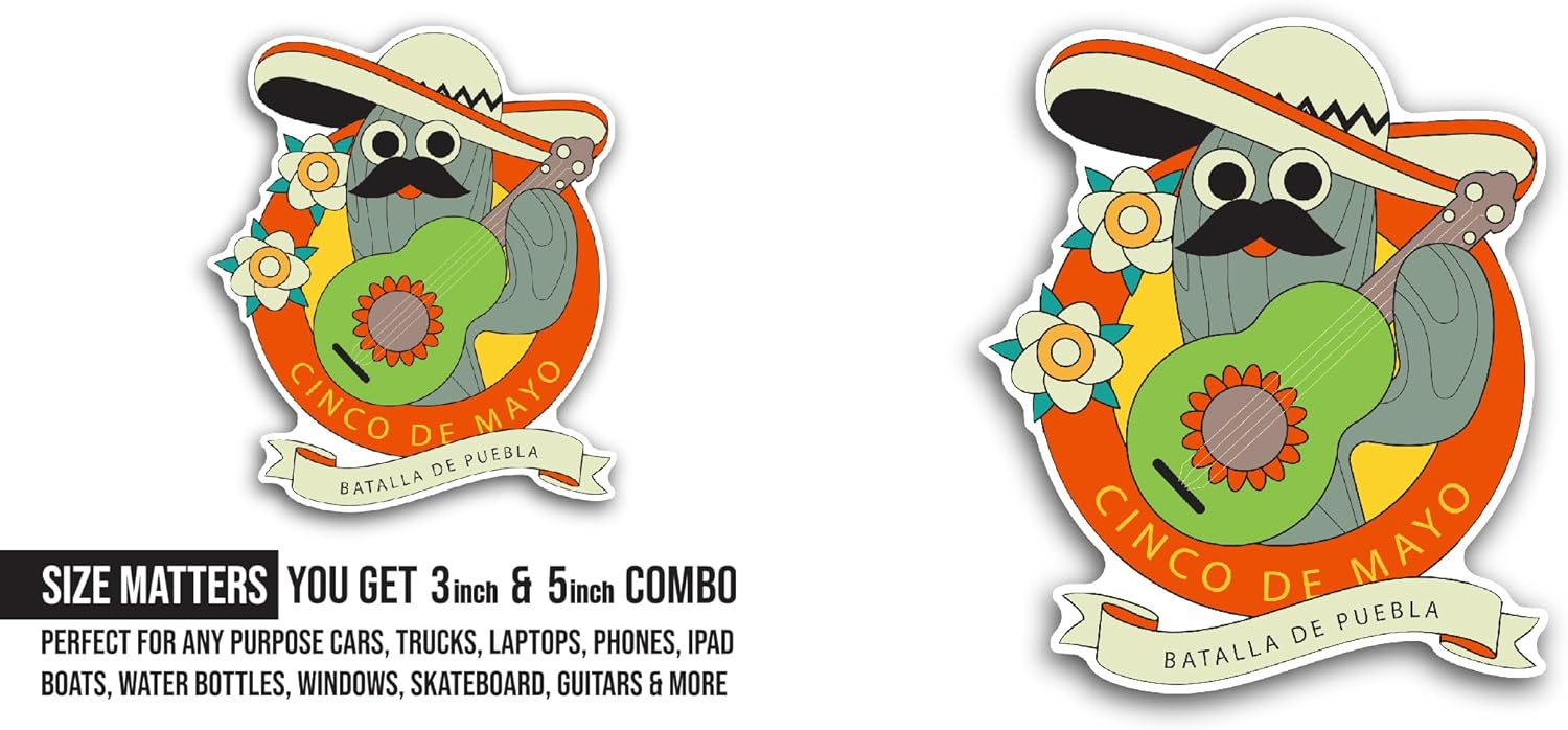 2 (Pieces) 3" and 5" Cinco De Mayo Text Sticker, Waterproof Vinyl Decals for Many Purpose Like Cars, Trucks, Laptops, Phones, Windows and More