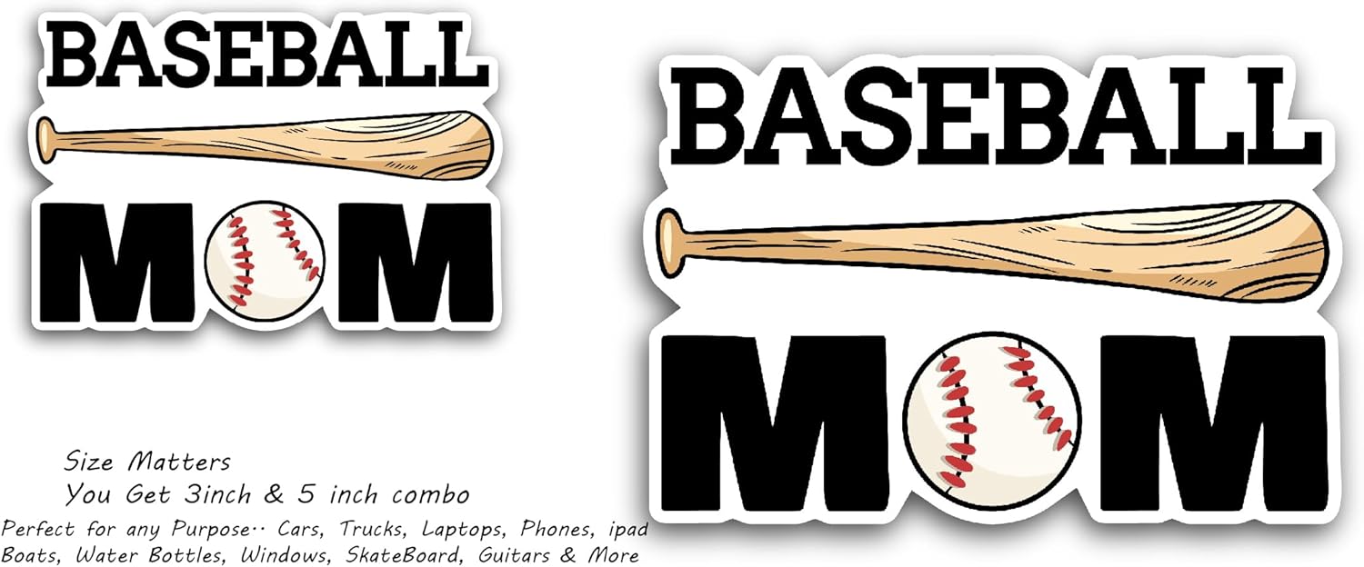 2 (Pieces) 3" and 5" Baseball Mom Sticker, Waterproof Vinyl Decals for Many Purpose Like Cars, Trucks, Laptops, Phones, Windows and More