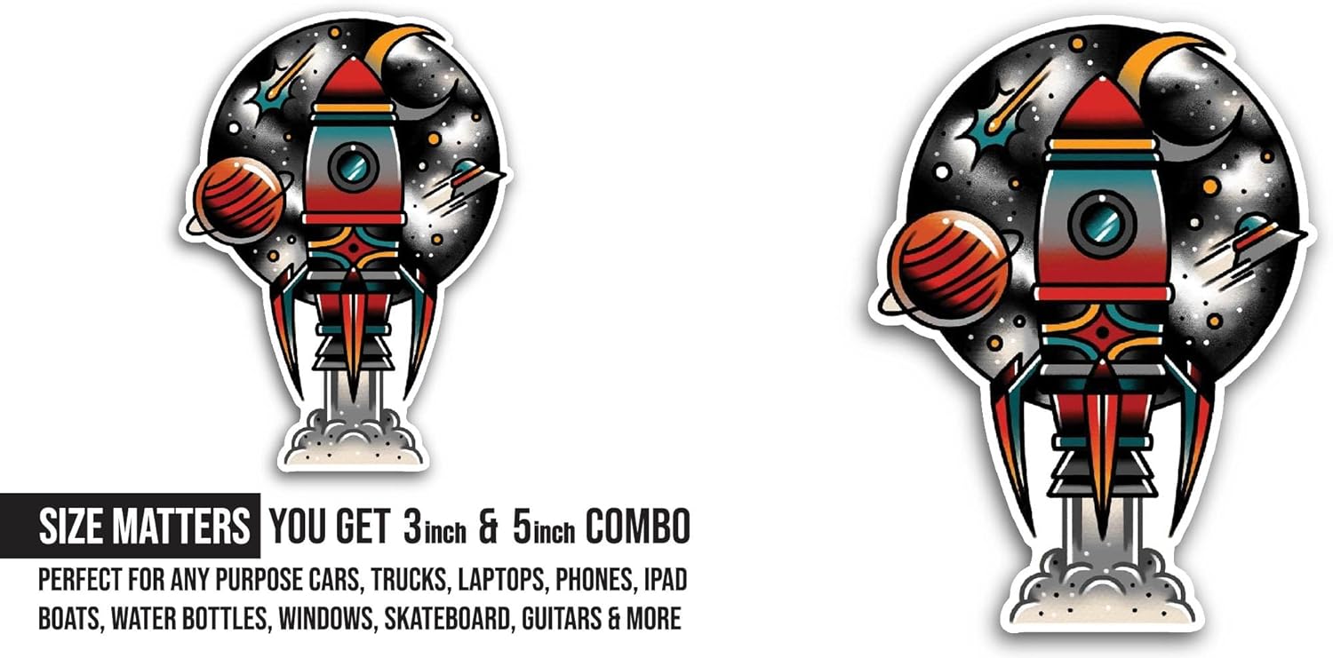 2 (Pieces) 3" and 5" Colorful Rocket Sticker, Waterproof Vinyl Decals for Many Purpose Like Cars, Trucks, Laptops, Phones, Windows and More