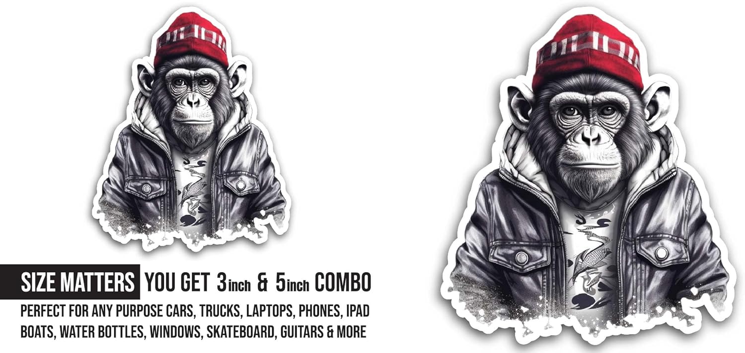 2 (Pieces) 3" and 5" Monkey in Jacket Sticker, Waterproof Vinyl Decals for Many Purpose Like Cars, Trucks, Laptops, Phones, Windows and More