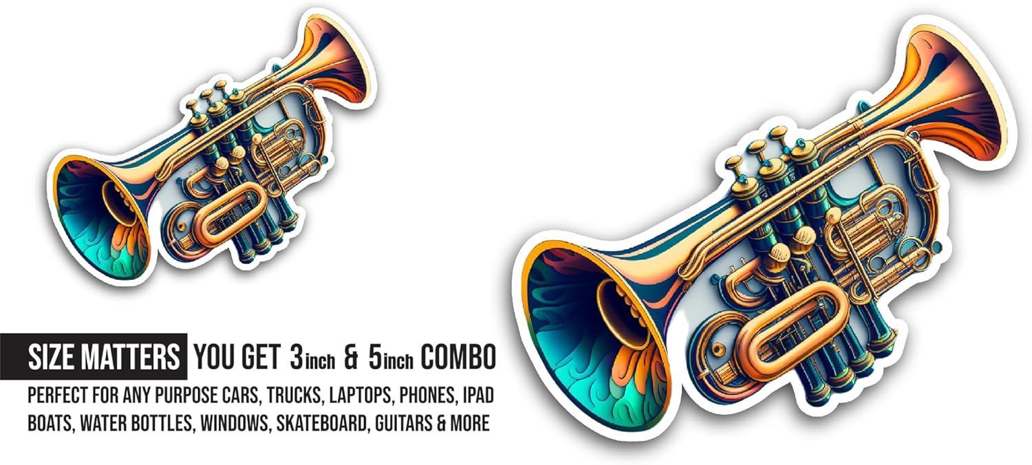 2 (Pieces) 3" and 5" Trumpet Sticker, Waterproof Vinyl Decals for Many Purpose Like Cars, Trucks, Laptops, Phones, Windows and More