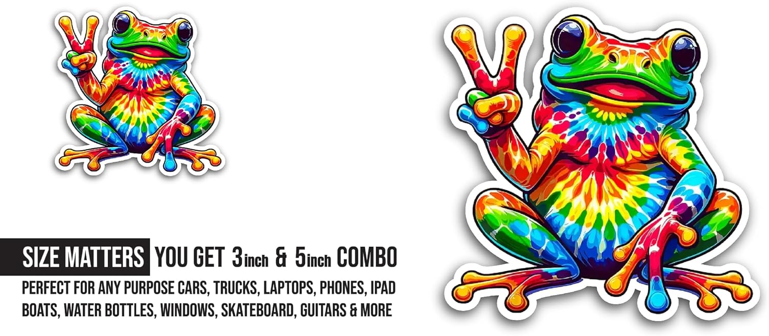 2 (Pieces) 3" and 5" Colorful Frog Sticker, Waterproof Vinyl Decals for Many Purpose Like Cars, Trucks, Laptops, Phones, Windows and More