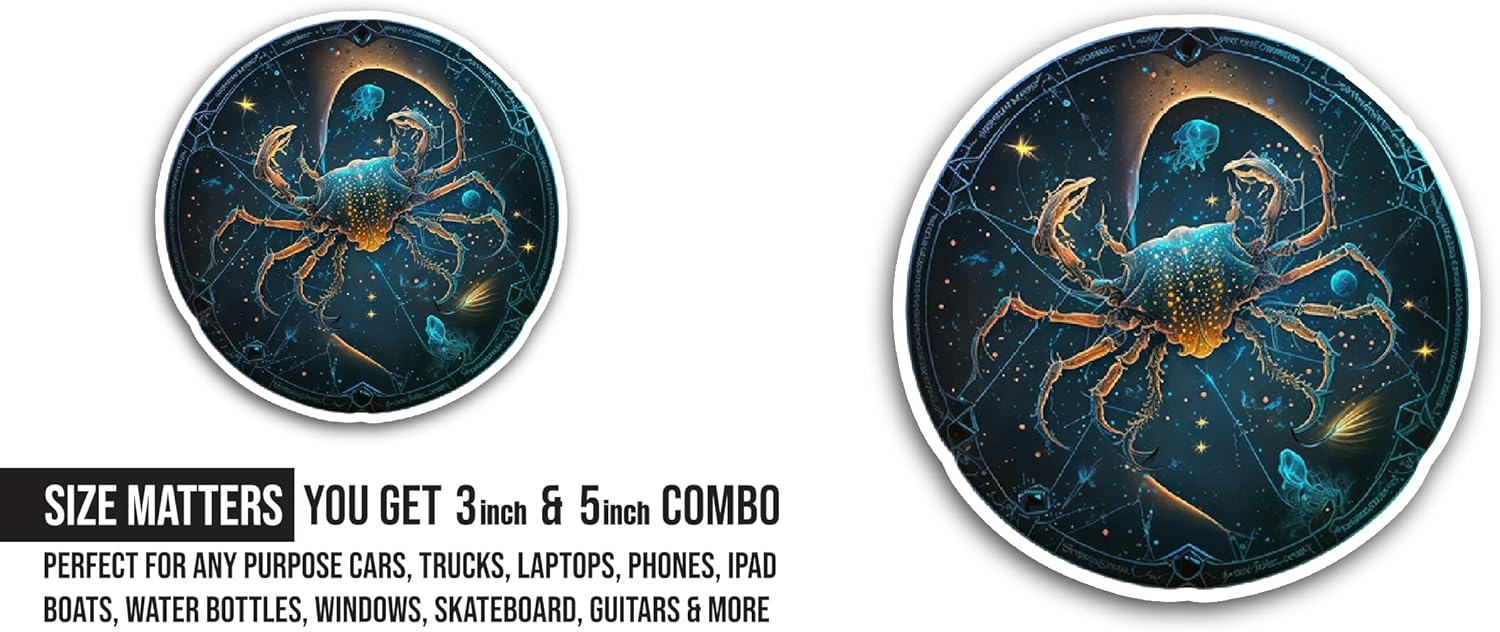2 (Pieces) 3" and 5" Zodiac Sign of Cancer Sticker, Waterproof Vinyl Decals for Many Purpose Like Cars, Trucks, Laptops, Phones, Windows and More