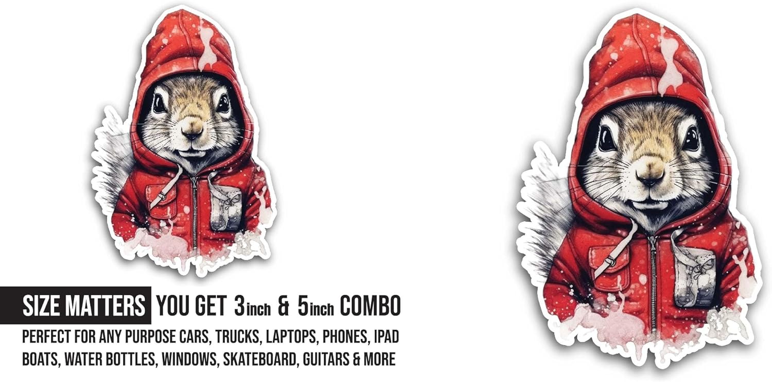 2 (Pieces) 3" and 5" Squirrel with Hoodi Sticker, Waterproof Vinyl Decals for Many Purpose Like Cars, Trucks, Laptops, Phones, Windows and More