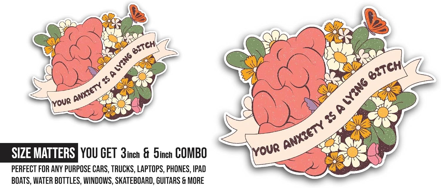 2 (Pieces) 3" and 5" Your Anxiety is A Lying TextSticker, Waterproof Vinyl Decals for Many Purpose Like Cars, Trucks, Laptops, Phones, Windows and More