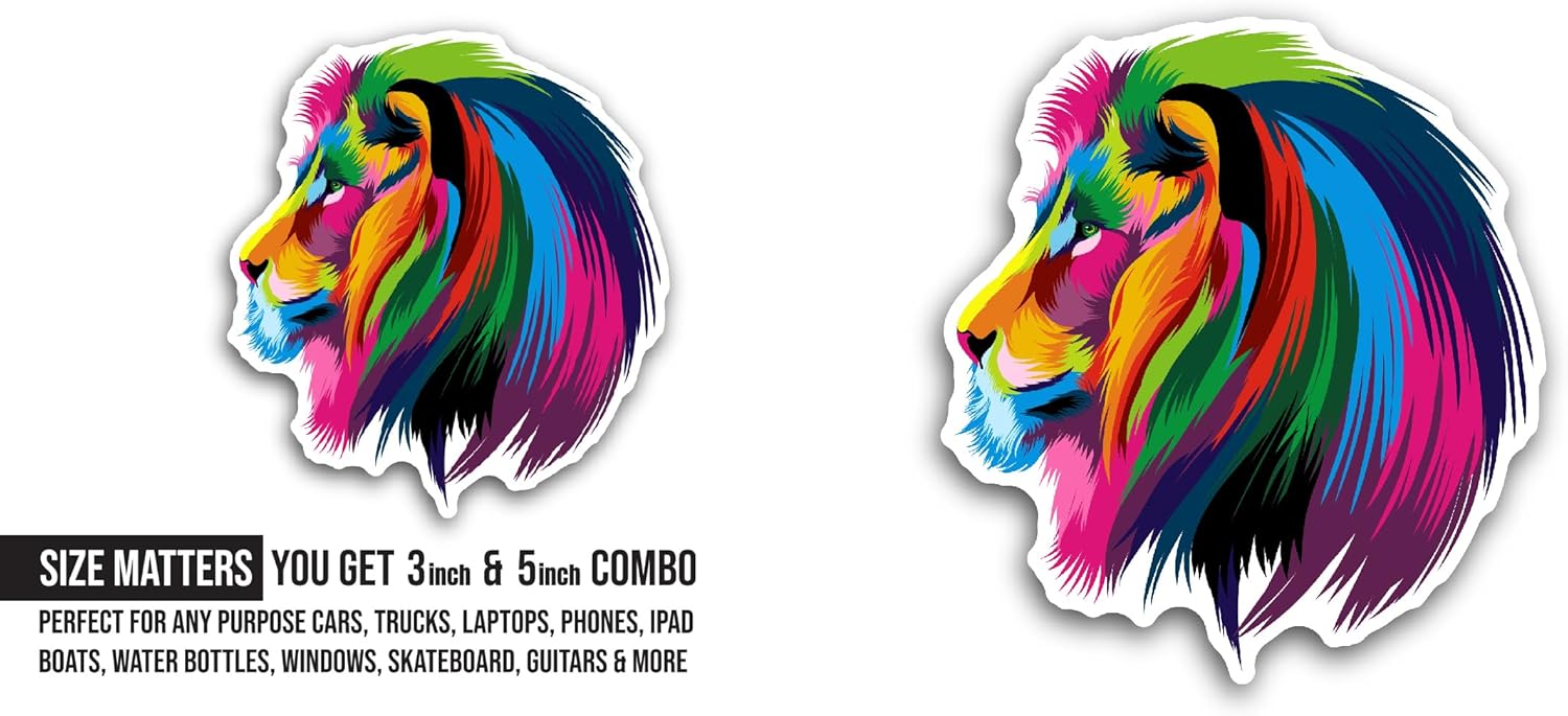 2 (Pieces) 3" and 5" Colorful Lion Head Sticker, Waterproof Vinyl Decals for Many Purpose Like Cars, Trucks, Laptops, Phones, Windows and More