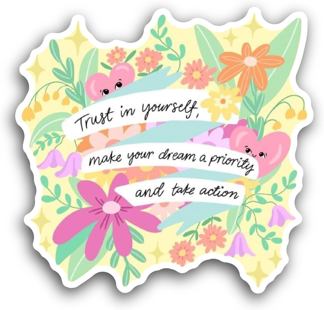 2 (Pieces) 3" and 5" Yellow Floral Background Trust in Yourself Text Sticker, Waterproof Vinyl Decals for Many Purpose Like Cars, Trucks, Laptops, Phones, Windows and More