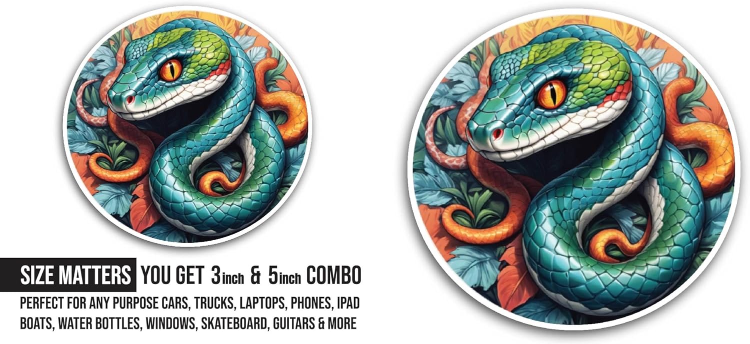 2 (Pieces) 3" and 5" Green Cartoon Snake Sticker, Waterproof Vinyl Decals for Many Purpose Like Cars, Trucks, Laptops, Phones, Windows and More