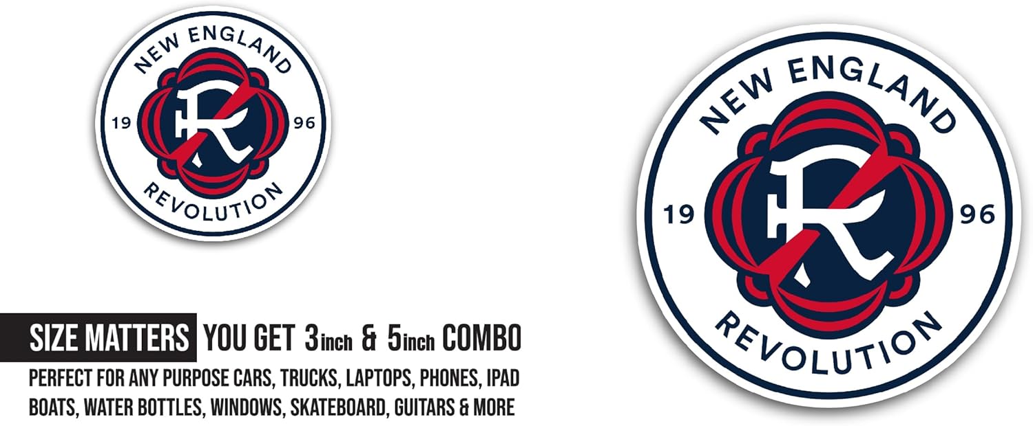 2 (Pieces) 3" and 5" New England Revolution Sticker, Waterproof Vinyl Decals for Many Purpose Like Cars, Trucks, Laptops, Phones, Windows and More