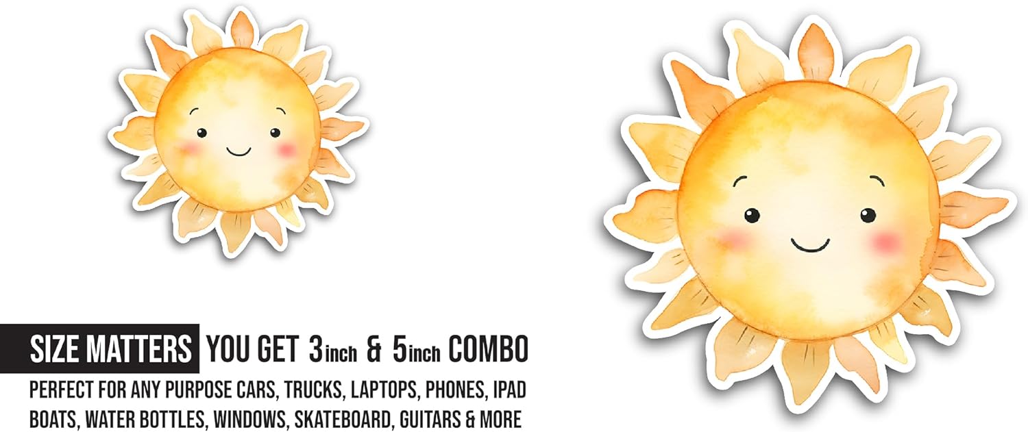 2 (Pieces) 3" and 5" Smile Face Sun Sticker, Waterproof Vinyl Decals for Many Purpose Like Cars, Trucks, Laptops, Phones, Windows and More