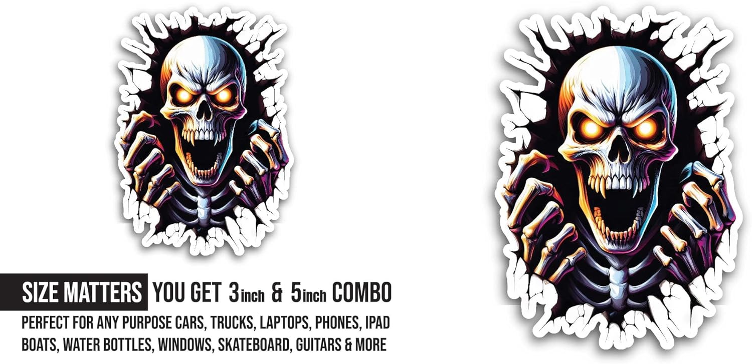 2 (Pieces) 3" and 5" Skeleton with Yellow Eyes Sticker, Waterproof Vinyl Decals for Many Purpose Like Cars, Trucks, Laptops, Phones, Windows and More