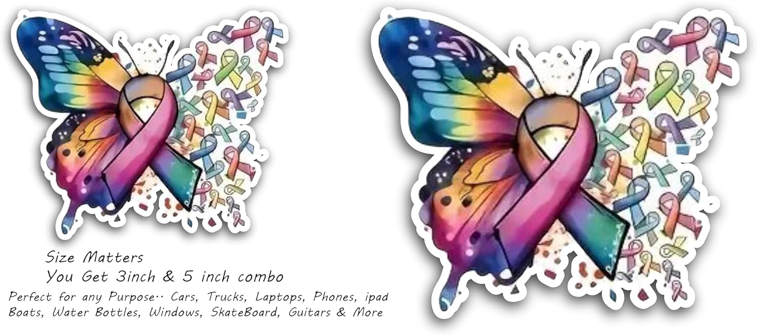 2 (Pieces) 3" and 5" Butterfly with Colorful Bows Decal Sticker, Waterproof Vinyl Decals for Many Purpose Like Cars, Trucks, Laptops, Phones, Windows and More
