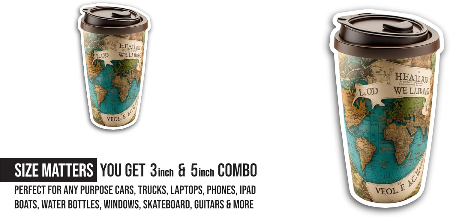 2 (Pieces) 3" and 5" World Map Coffee Tumbler Sticker, Waterproof Vinyl Decals for Many Purpose Like Cars, Trucks, Laptops, Phones, Windows and More