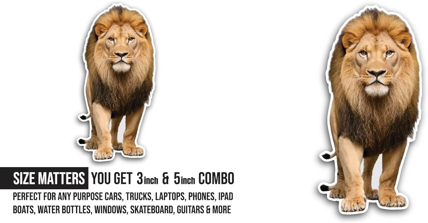 2 (Pieces) 3" and 5" Lion Walking Front View Sticker, Waterproof Vinyl Decals for Many Purpose Like Cars, Trucks, Laptops, Phones, Windows and More