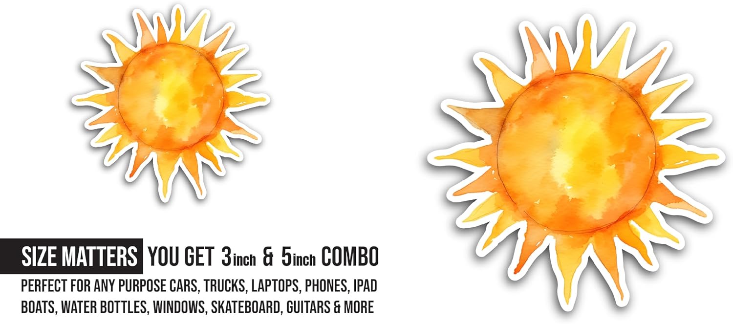 2 (Pieces) 3" and 5" Yellow Bright Sun Sticker, Waterproof Vinyl Decals for Many Purpose Like Cars, Trucks, Laptops, Phones, Windows and More