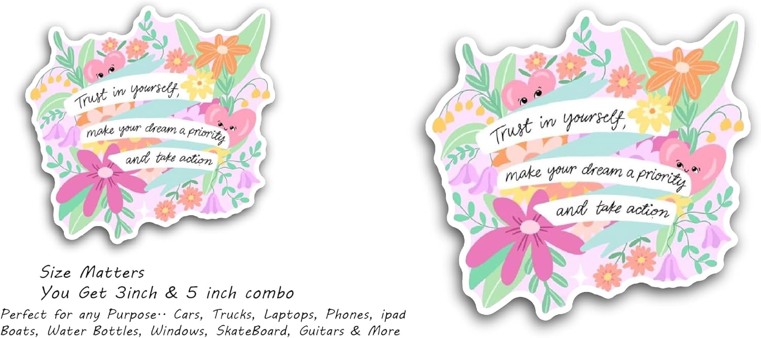 2 (Pieces) 3" and 5" Pink Floral Background Trust in Yourself Text Sticker, Waterproof Vinyl Decals for Many Purpose Like Cars, Trucks, Laptops, Phones, Windows and More