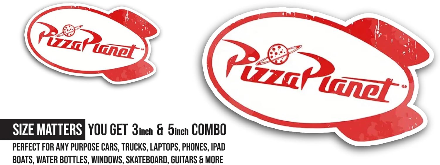 2 (Pieces) 3" and 5" Pizza Planet Sticker, Waterproof Vinyl Decals for Many Purpose Like Cars, Trucks, Laptops, Phones, Windows and More
