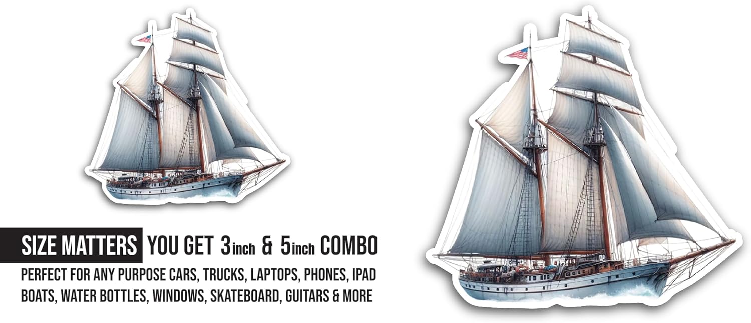 2 (Pieces) 3" and 5" Sailing Ship Sticker, Waterproof Vinyl Decals for Many Purpose Like Cars, Trucks, Laptops, Phones, Windows and More
