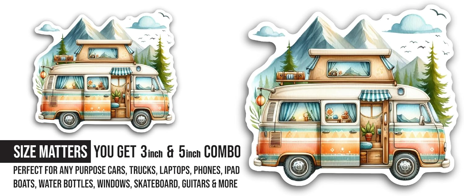 2 (Pieces) 3" and 5" Cartoon Travel Van Sticker, Waterproof Vinyl Decals for Many Purpose Like Cars, Trucks, Laptops, Phones, Windows and More