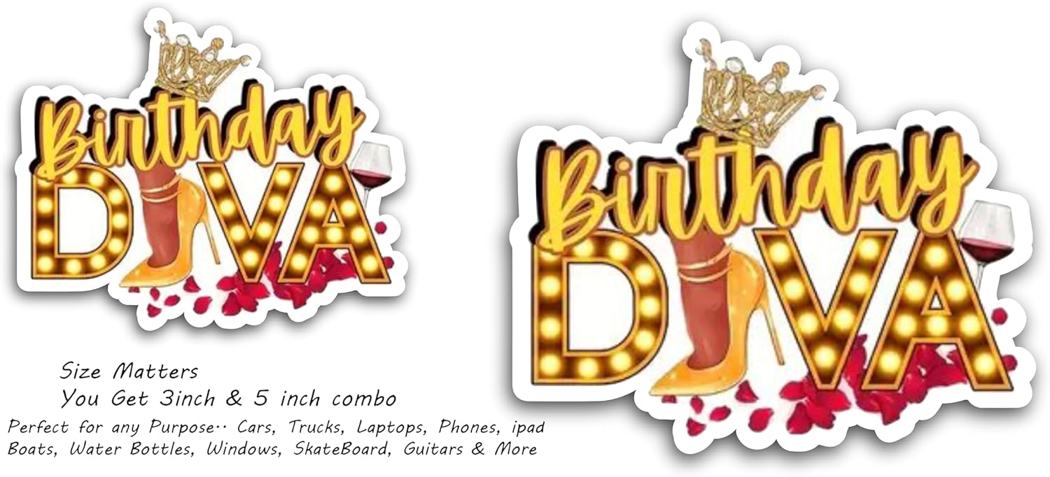 2 (Pieces) 3" and 5" Birthday Diva Decal Sticker, Waterproof Vinyl Decals for Many Purpose Like Cars, Trucks, Laptops, Phones, Windows and More