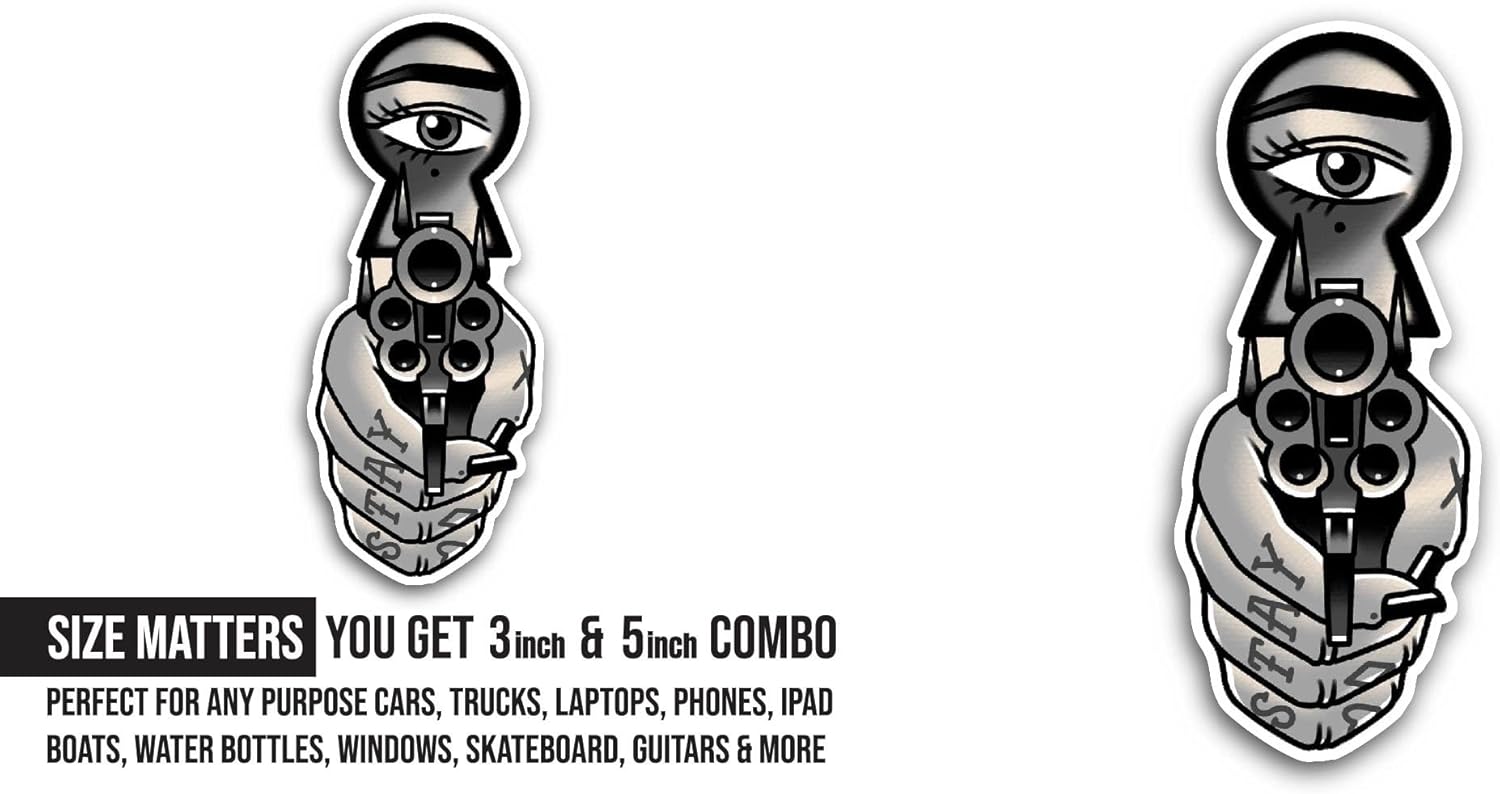 2 (Pieces) 3" and 5" Hand Holding Gun Sticker, Waterproof Vinyl Decals for Many Purpose Like Cars, Trucks, Laptops, Phones, Windows and More