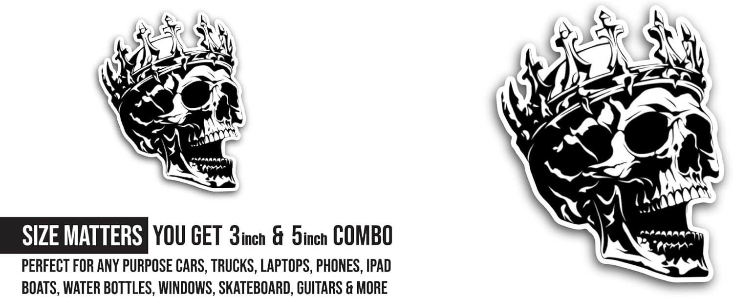 2 (Pieces) 3" and 5" Skull and Crown Sticker, Waterproof Vinyl Decals for Many Purpose Like Cars, Trucks, Laptops, Phones, Windows and More