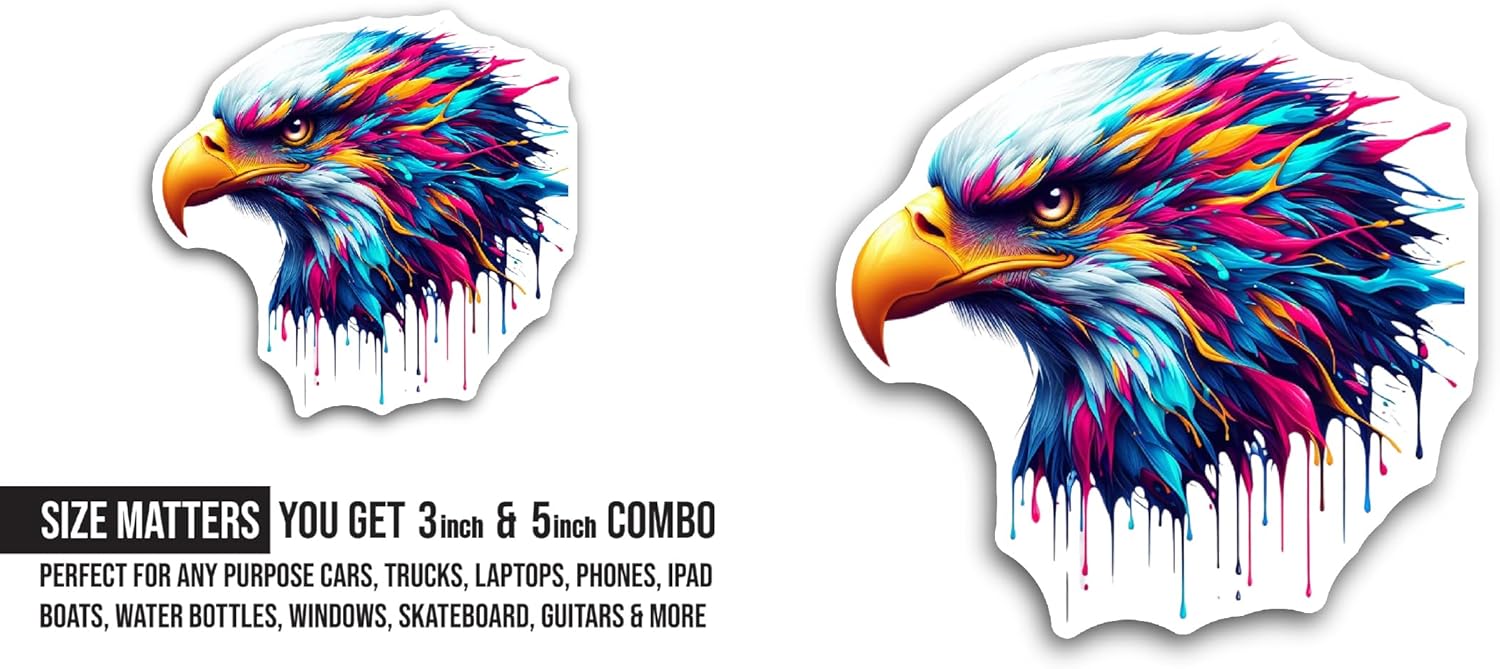 2 (Pieces) 3" and 5" Colorful Eagle Head Sticker, Waterproof Vinyl Decals for Many Purpose Like Cars, Trucks, Laptops, Phones, Windows and More
