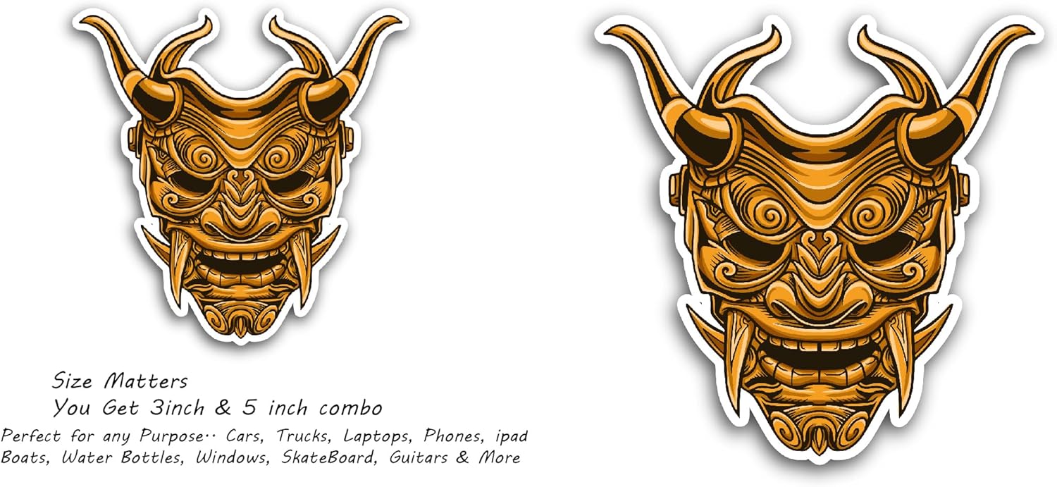 2 (Pieces) 3" and 5" Samurai Demon Head Sticker, Waterproof Vinyl Decals for Many Purpose Like Cars, Trucks, Laptops, Phones, Windows and More
