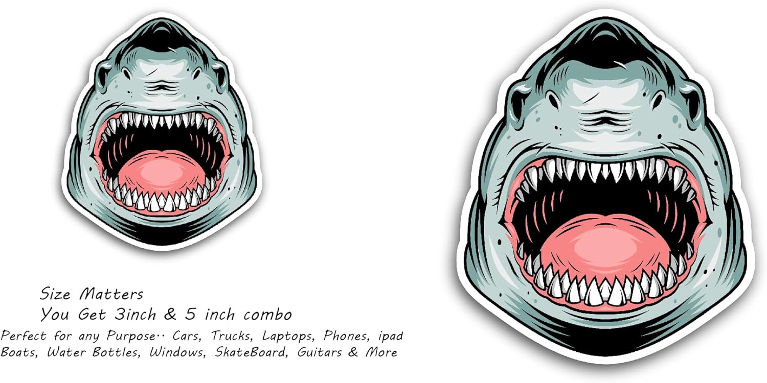 2 (Pieces) 3" and 5" Shark Head Open Mouth Sticker, Waterproof Vinyl Decals for Many Purpose Like Cars, Trucks, Laptops, Phones, Windows and More