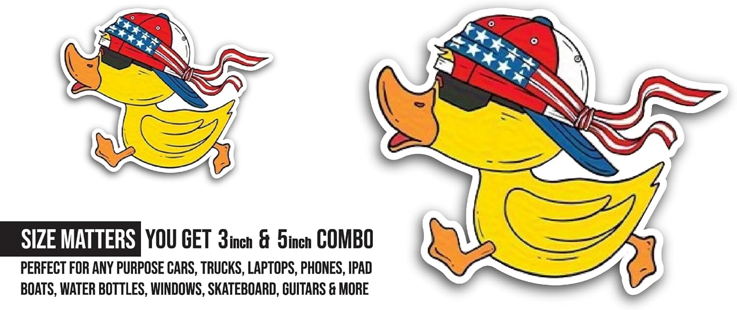 2 (Pieces) 3" and 5" Cartoon Duck with Flag Sticker, Waterproof Vinyl Decals for Many Purpose Like Cars, Trucks, Laptops, Phones, Windows and More