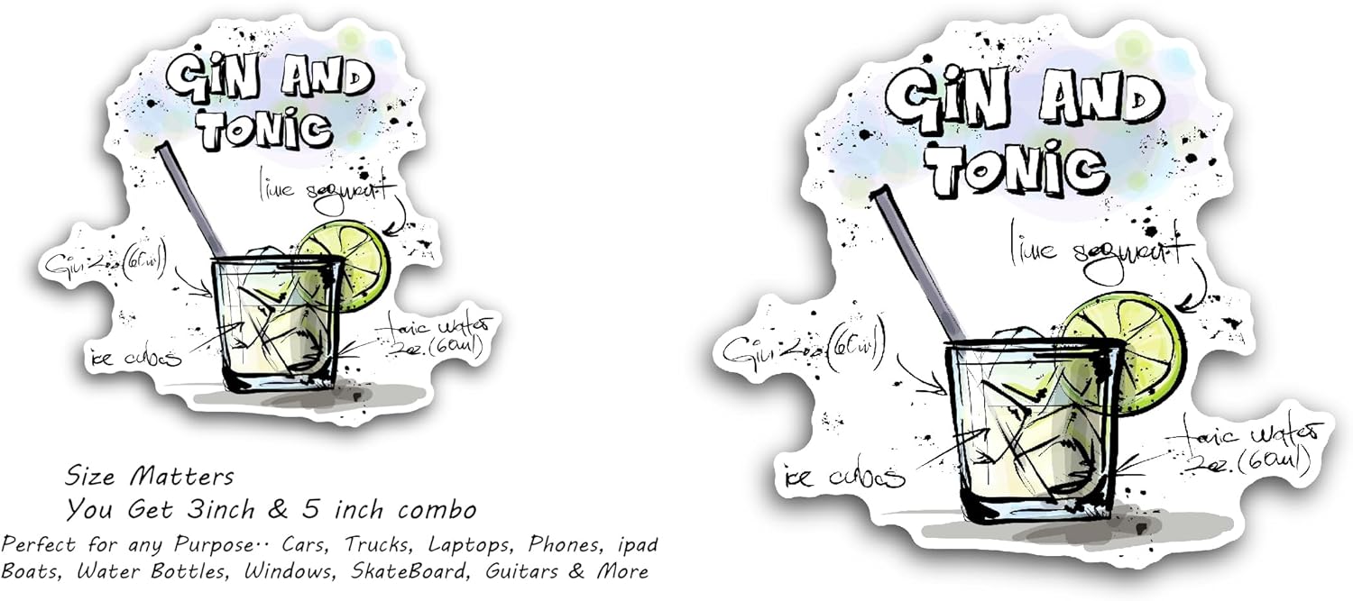 2 (Pieces) 3" and 5" Gin and Tonic Cocktail Sticker, Waterproof Vinyl Decals for Many Purpose Like Cars, Trucks, Laptops, Phones, Windows and More