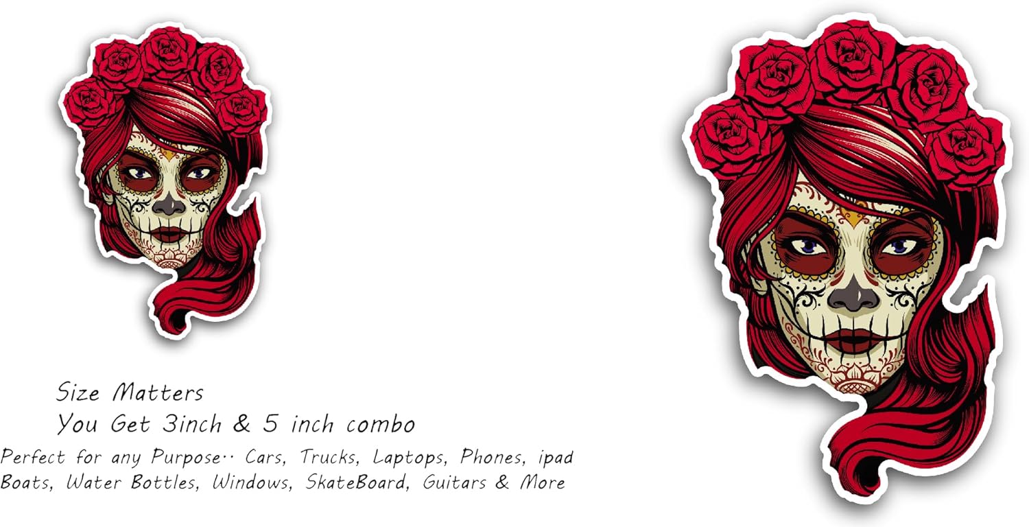 2 (Pieces) 3" and 5" Sugar Skull Girl Vinyl Decals Sticker, Waterproof Vinyl Decals for Many Purpose Like Cars, Trucks, Laptops, Phones, Windows and More
