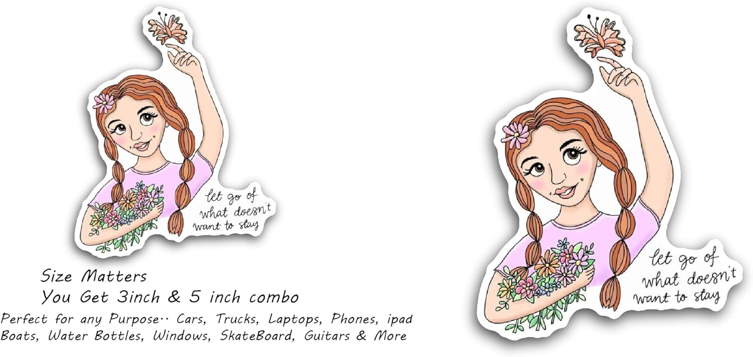 2 (Pieces) 3" and 5" Girl with Flowers Cartoon Sticker, Waterproof Vinyl Decals for Many Purpose Like Cars, Trucks, Laptops, Phones, Windows and More